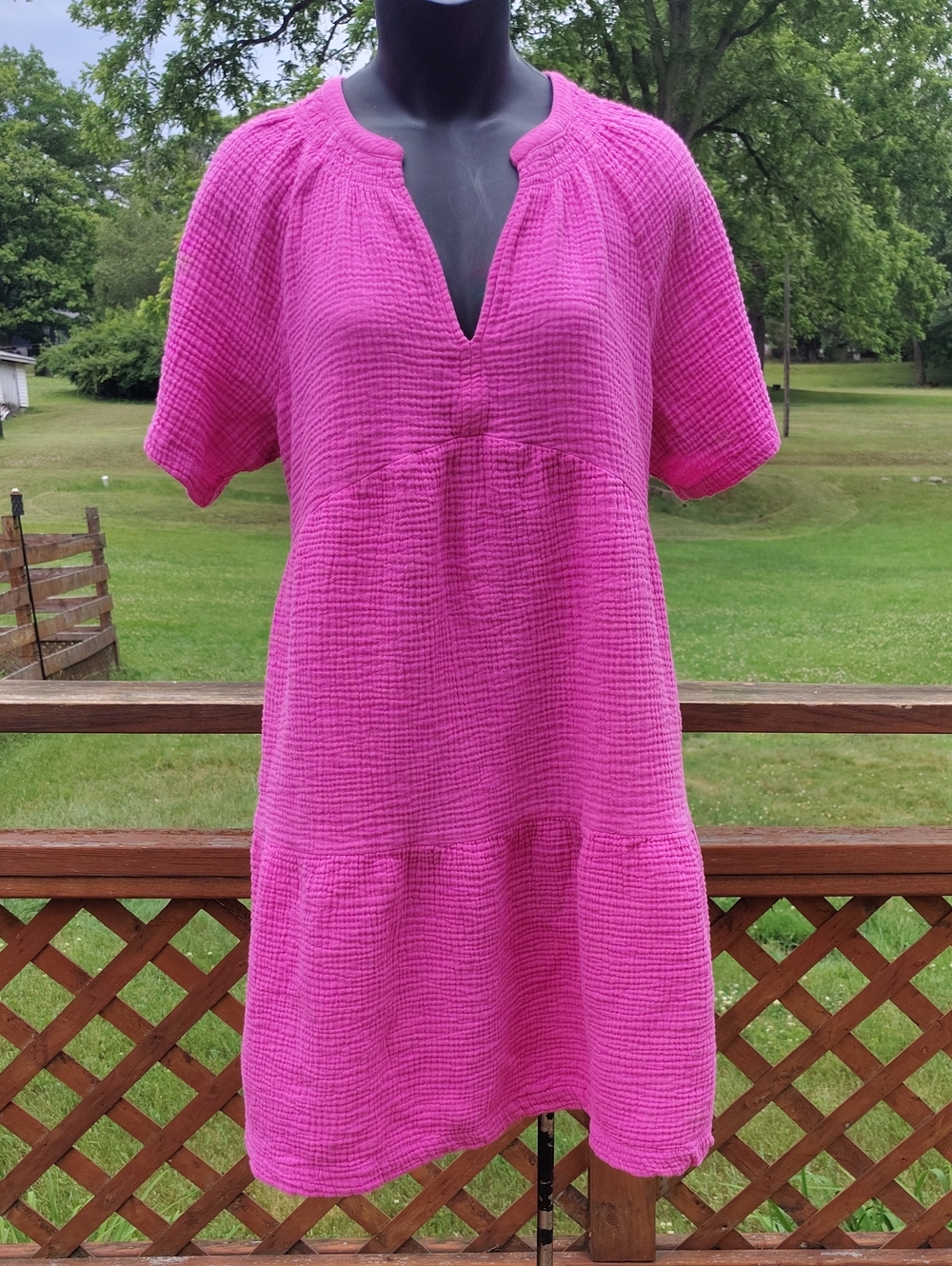 GAP Hot Pink 100% Cotton Short Sleeve V Neck Muslin Cottagecore Dress Size Large - Picture 1 of 10